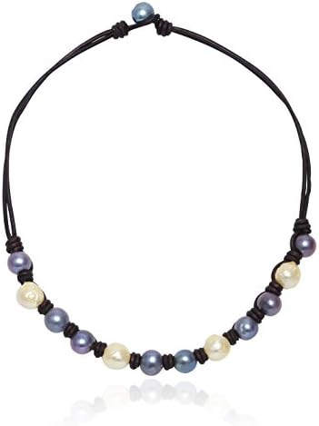 Cultured Freshwater Pearl Choker Necklace with Nuclear Pearls on Genuine Leather Jewelry for Women 18''