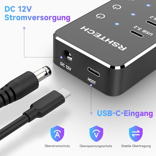 USB Powered Hub, RSHTECH 10 Ports USB 3.2/C Hub with Type-A 3.2, 2X Type-C 3.2 10Gbps Data Port, 7X Type-A 3.0 Ports and 12V/5A 60W Power Supply, Individual Touch Switches USB Hub, RSH-ST10C