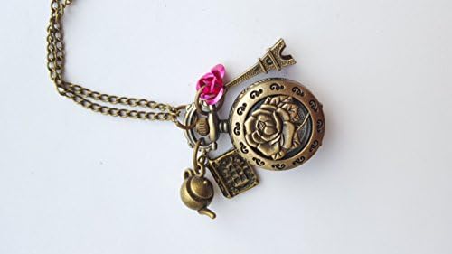 Beauty and the Beast Pocket Watch Long Necklace Rose Woman Gift