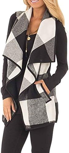 KIRJAUDU Womens Lapel Open Front Sleeveless Plaid Vest Cardigan with Pockets S-XXL