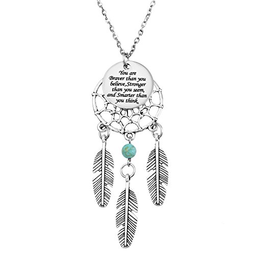 MJartoria Women's Dangling Feather Charms Filigree Tribal Dreamcatcher Pendant Chain Necklace (Engraved) - Thumbnail 6
