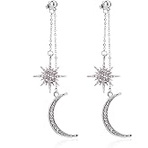 Sun Moon Earrings for Women Bohemian Cubic Zirconia Sun Moon Star Drop Dangle Earrings Gold Silver Long Chain Tassel Earrings Hypoallergenic Crescent Charm Earrings Christmas Birthday Party Jewelry