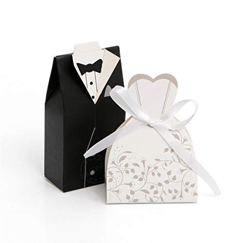 BALONAR 100pcs Wedding Party Gift Box Creative Favor Boxes Candy Bag with Silk Ribbon of Groom Bridal Tuxedo Wedding Dress for Party Supplies Wedding Anniversary Decorations
