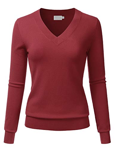 LALABEE Women's V-Neck Long Sleeve Soft Basic Pullover Knit Sweater Burgundy XXL at Amazon
