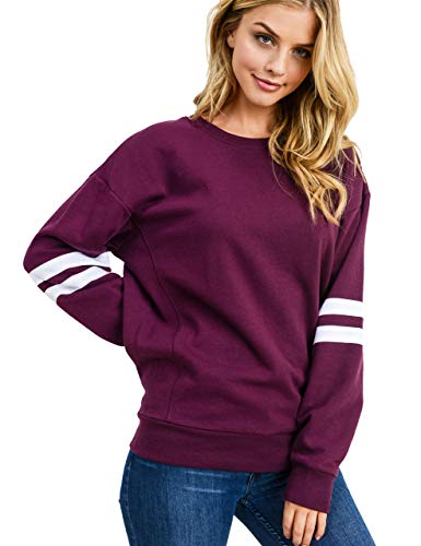 Women's Ultra Soft Fleece Stripe on Sleeves Varsity Solid Sweatshirt, Plum, Medium - Thumbnail 6