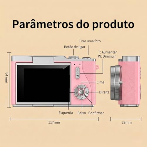 Câmera Digital 4K Ultra HD 48MP com Tela LCD Giratória 180°, Zoom Digital 8X, Flash LED, Bateria Recarregável – Ideal para Vlog, Selfie, Viagem e Iniciantes (Rosa)