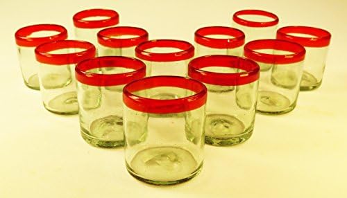 Mexican Glass Red Rim, Hand Blown, 7 Oz (12)