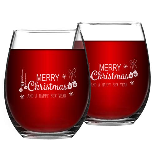 Merry Christmas and Happy New Year Stemless Wine Glass Set, 15 Oz Funny Stemless Wine Glasses for Women Friends Men, Gift Idea for Christmas Wedding Party, Set of 2