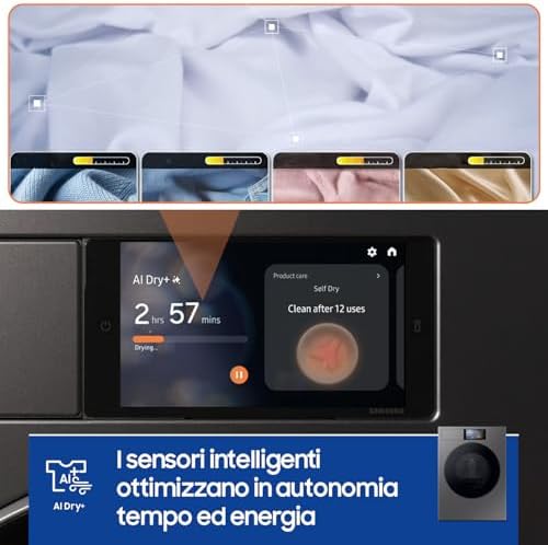 Asciugatrice Bespoke AI DV90F09F4S/U3, 9 kg, Pompa di Calore, Wifi, Controllo Vocale, Display AI Home, AI Dry, Carica Frontale, 60L x 85H x 60P cm