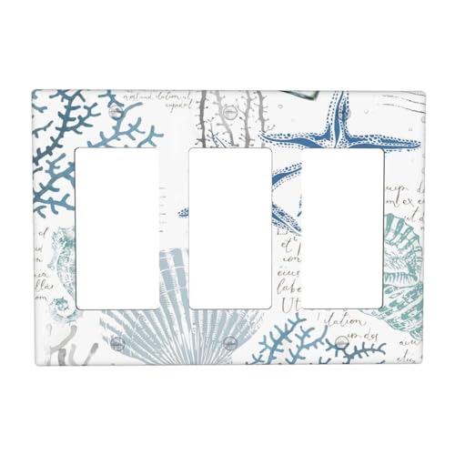 Photo 1 of Algranben Ocean Beach Starfish Seashell 3 Gang Triple Rocker Light Switch Plate Cover Decorative Nautical Coastal Coral Sea Switchplate Faceplate Electrical For Bedroom Bathroom Kitchen Accessories