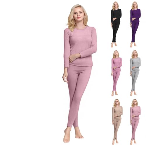 Cocila Women's Thermal Underwear Pajamas Warm Soft Winter Top And Bottoms Loungewear Long Sleeve Round Neck Lightweight Plain Casual Solid Color Basic Stretchy Breathable Slim Fit Gift Pink 3XL