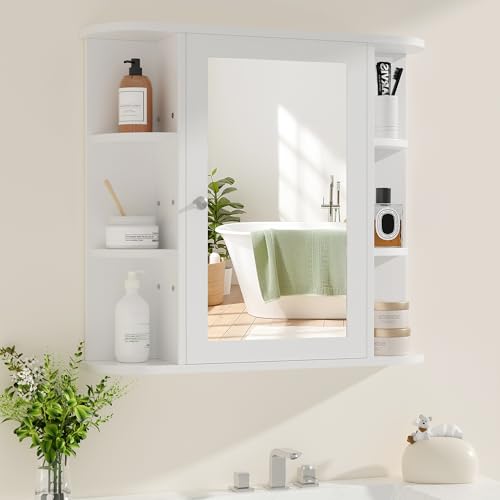 Shintenchi Bathroom Wall Cabinet with Mirror, Mounted Medicine Cabinets with 4 Internal and 6 Open Shelves, Mirrored Door Over the Toilet Storage, White