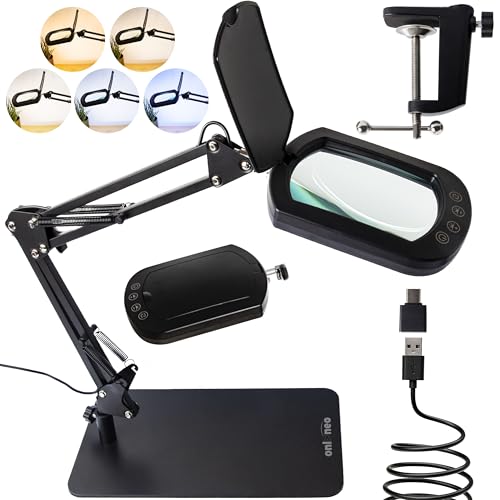Onlyneo - 10X Magnifying Lamp on Stand, Rectangular XL Lens without Distortion, Desk Magnifying Lamp for Reading, Nailing, Diamond Painting, Crafts, DIY, 5 Colour and Brightness Modes