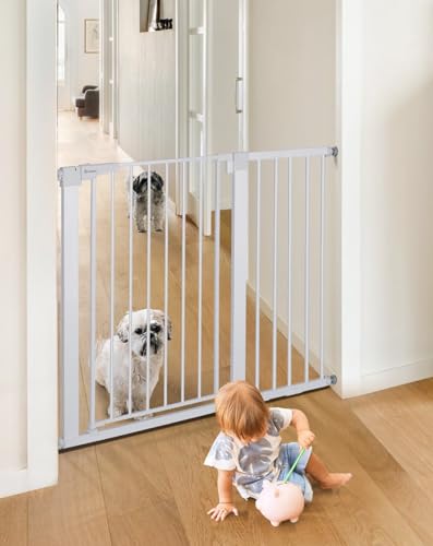 COMOMY Dog Gate 36" Extra Tall, 75-117cm Large Width Baby Safety Gate Automatic Closing, Durable Child Safety Barrier for Stairs, Pressure Mounted, White