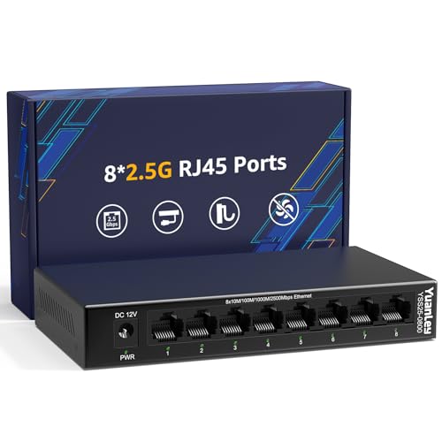 YuanLey 8-Port 2,5G Ethernet Switch, Multi-Gig 2,5Gbps Netzwerk-Switch Unmanaged mit 8 x 2,5GbE RJ45 Ports, Plug & Play, Desktop/Wandmontage, Lüfterlo