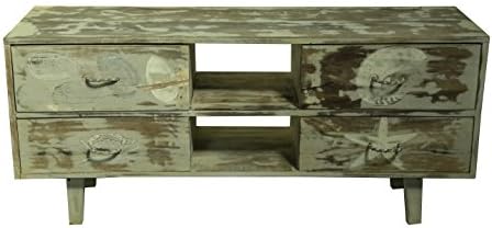 Four Legs Vintage Style Natural Mango Wood Finish Greyish White 4 Drawers TV Unit Storage Furniture For Living Room