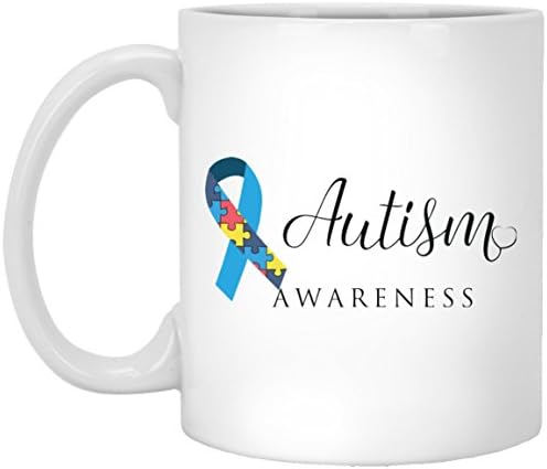 Autism Awareness Ribbon, Puzzle Pieces and Heart April Mug, Cancer Awareness Coffee Mugs, White 11Oz