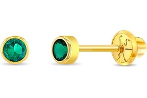 IN SEASON JEWELRY 14k Yellow Gold Tiny 3mm Bezel Set Cubic Zirconia Simulated Birthstone Screw Back Earrings for Babies & Toddlers - Cute Birth Month Stud Baby Earrings with Safety Screw Backs