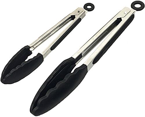 Kitchen Tongs,Onshowy Heavy Duty Non-stick Silicone Stainless Steel Locking Kitchen Tongs Good Grips for Barbeque, Cooking or Grilling Set of 2 - 9, 12 Inch (Black)