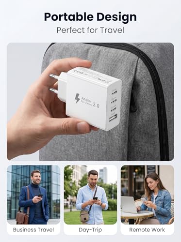 EU Travel Adapter Charger, 50W European Plug Adapter with 3 USB C and 1 USB A, Universal Travel Adapter European USB Charger Plug with Nylon 2M USB C Cable for iPhone 17 16 15 14 13/ iPad/Galaxy