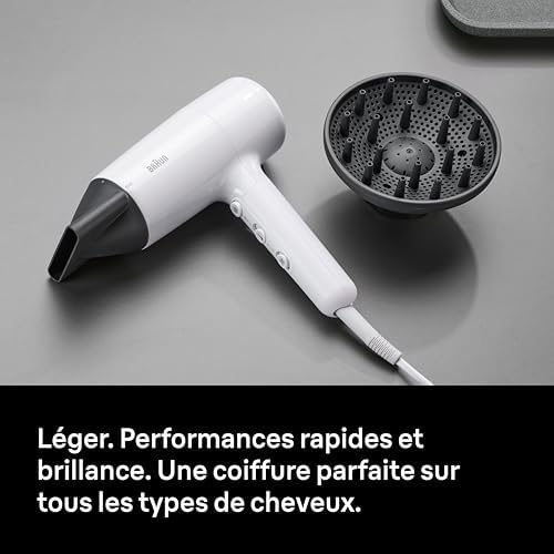 Sèche-Cheveux Braun HD2.21, Puissant avec Diffuseur et Concentrateur, Technologie IONTEC, Moteur 2200W avec 3 Réglages de Températures et 2 Vitesses, Finition Blanc Brillant, BRHD226