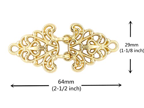 Bezelry 4 Pairs Filigree Trivet Cape or Cloak Clasp Fasteners. 64mm x 29mm Fastened. Sew On Hooks and Eyes Cardigan Clip (Gold)
