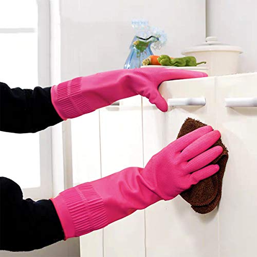 Malier Pack of 2 Pairs Rubber Cleaning Gloves, Extended Kitchen Dishwashing Gloves, Waterproof Reusable Household Cleaning Gloves with Cleaning Cloth (Rose Red, Large)