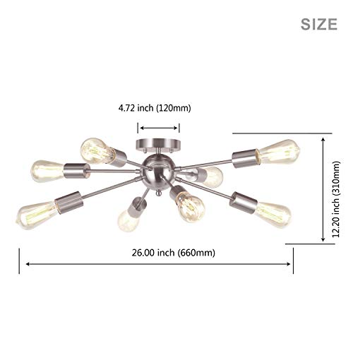 VINLUZ 8Light Sputnik Chandelier Brushed Nickel Semi Flush Mount Ceiling Light Modern Pendant