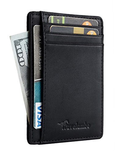 Travelambo Front Pocket Minimalist Leather Slim Wallet RFID Blocking Medium Size(03 crazy horse black)