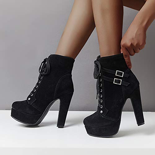 Susanny Women Autumn Round Toe Lace Up Ankle Buckle Chunky High Heel Platform Knight Suede Black Martin Boots 7.5 B (M) US - Thumbnail 5