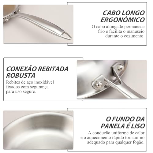 Frigideira Inox, Frigideira Aço Inox Professional Rasa com Fundo Triplo e Cabo, 21.6 cm 1,5 L, Sem Revestimento de Teflon, Compatível com Indução, Gás, Elétrico e Vitrocerâmico, Fácil Limpeza