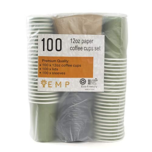 100 Pack Disposable Coffee Cups With Lids by EMP - Disposable And Eco Friendly To Go Coffee Cups - Leak Proof 12 Oz Insulated Coffee Cups - Lids And Sleeves Included