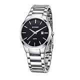 Watchpl Silver Case Stainless Steel Band Men Metal Analog Wrist Watch Black