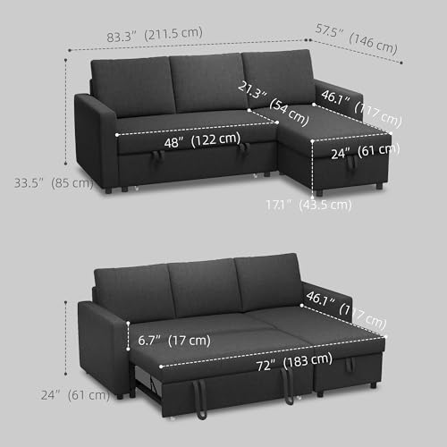 HOMCOM Convertible Corner Sofa Bed, 83" Pull Out Sleeper Sofa with Chaise Storage, L-Shaped Sectional Futon Couch with 3 Removable Back Cushions for Living Room, Apartment, Black