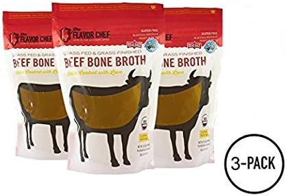 USDA Certified Organic Grass Fed and Grass Finished Beef Bone Broth by The Flavor Chef | 3 Pack - 24 Ounces Per Pack | Frozen Fresh, High Gelatin and Collagen, Paleo Friendly