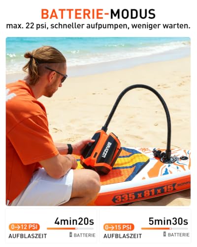 BAVIZZN Electric Sup Pump Battery 22 PSI Paddle Board Pump 12 V DC Type C Connection Inflator & Deflator 76.96 WH for Paddle Board, Boat, Kayaks, Water Sports