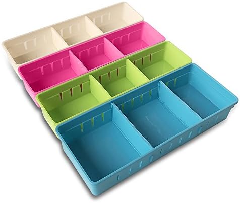 MMMMARILYN Drawer Organizer with 2 Adjustable Drawer Dividers (White S, Pink S, Green L, Blue L, Pack of 4)