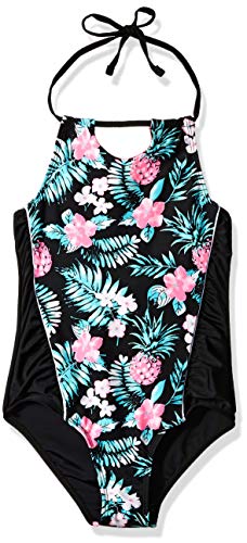 Big Chill Girls' Big Printed Rouched 1pc, Black, 10/12