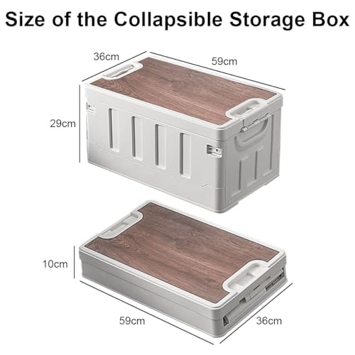 Collapsible Storage Box, Folding Containers Bin Plastic Camping Box With Wood Lid, Stackable Storage Bins Cube Closet Organizer Crate For Clothing Toys Outdoor Indoor Home Camping Picnic Car 40L White