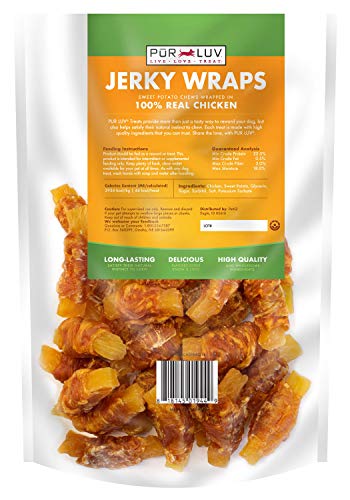 PUR LUV CHICKEN WRAPPED SWEET POTATO DOG TREATS, RAWHIDE FREE JERKY WRAPS, MADE WITH REAL CHICKEN, 16 OZ, HEALTHY, EASILY DIGESTIBLE, LONG LASTING, HIGH PROTEIN TREAT, SATISFIES DOG’S URGE TO CHEW