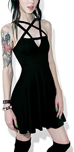 Verypoppa Women Vintage Gothic Pentagram Strappy Bandage Swing Dress