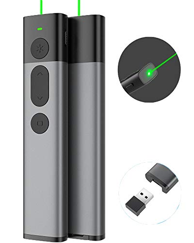 iThrough Wireless Presenter Green Light, Presentation Remote Clicker Rechargeable, Metal Powerpoint Clicker PPT PowerPoint Clicker Remote Hyperlink Volume Control USB Slide Advancer 2.4GHz