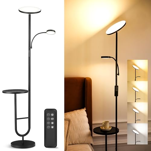 Lampada da Terra LED con Ripiano, 36W+7W Dimmerabile con Telecomando, Testa Girevole a 350°, 2700K-6500K, Lampada Moderna Nera per Soggiorno, Salotto e Ufficio AVEN MF18