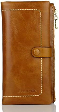 Propado Women's Genuine Leather Long Wallet Clutch Purse Card Holder Zipper Pocket (Cognac Brown)
