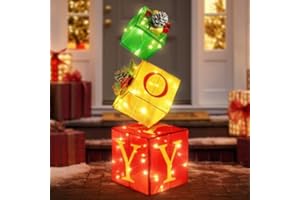 COVFEVER Christmas Joy Lighted Gift Boxes Decorations Set of 3, Stackable Christmas Nesting Boxes Battery Operated for Home and Party Decoration