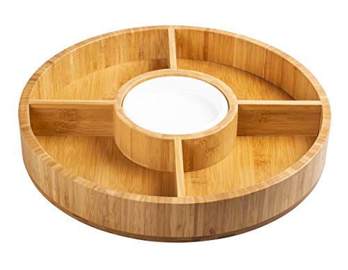 Strova 15 Inch Wood Bamboo Chip and Dip Serving Platter Set w/Ceramic Dip Bowl | Round & Large Appetizer Server for Event Use | Salsa, Taco Chip, Guacamole, Vegetable, Snacks, and Cheese Serving Tray