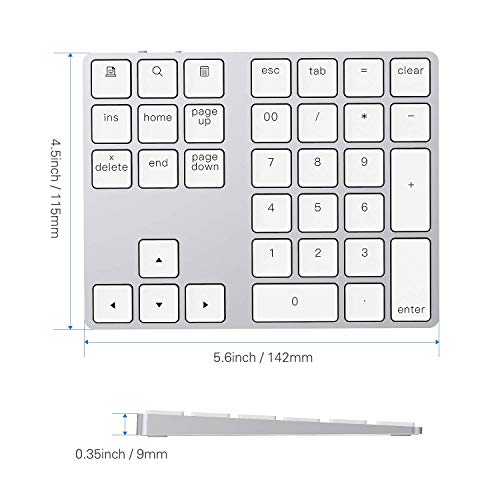 Bluetooth Number Pad, Lekvey Aluminum Rechargeable Wireless Numeric Keypad Slim 34-Keys External Numpad Keyboard Data Entry for Laptop, MacBook, MacBook Air/Pro, iMac, Windows, Surface Pro - Silver - Thumbnail 6