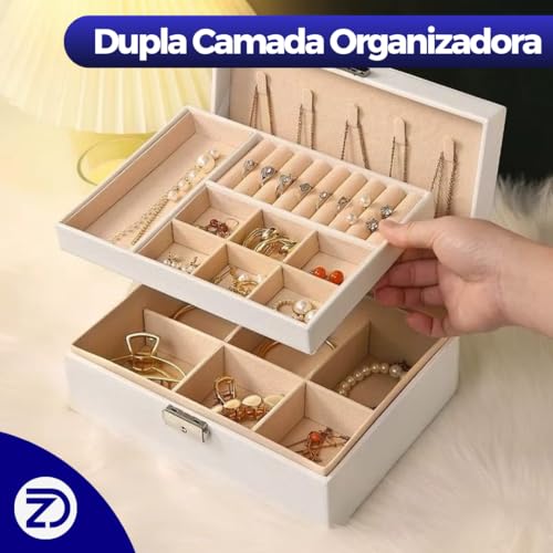 Porta Joias Dupla Camada com Chave | Organizador Multifuncional para Anéis, Brincos e Colares | Compacto, Resistente e Ideal para Viagem | Cor Branco