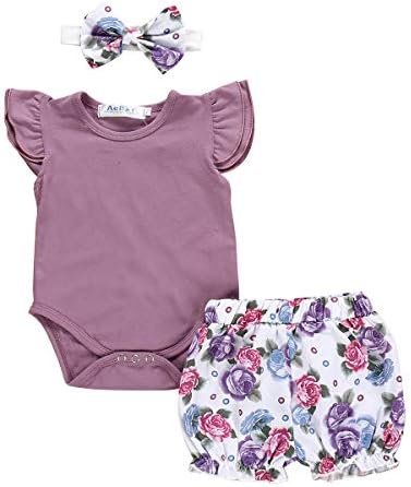 Newborn Toddler Baby Girl Clothes Summer Ruffle Romper Jumpsuit Tops Floral Pants with Headband Outfit Set