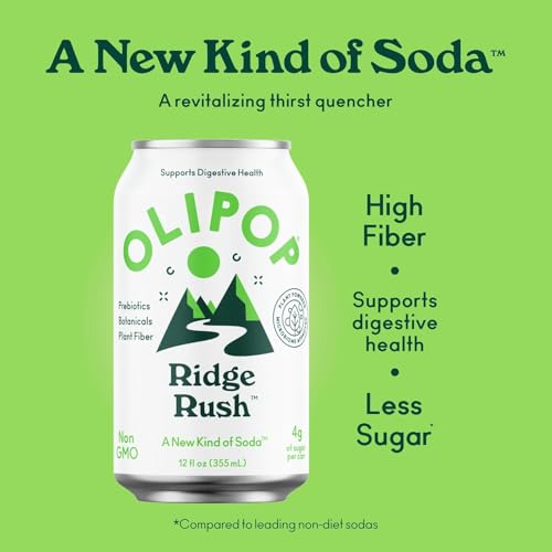 OLIPOP PREBIOTIC SODA POP, RIDGE RUSH, PANTRY PACK PACKED WITH PREBIOTICS, FIBER, AND BOTANICALS, GLUTEN FREE, GMO FREE, 12OZ (12-CANS)